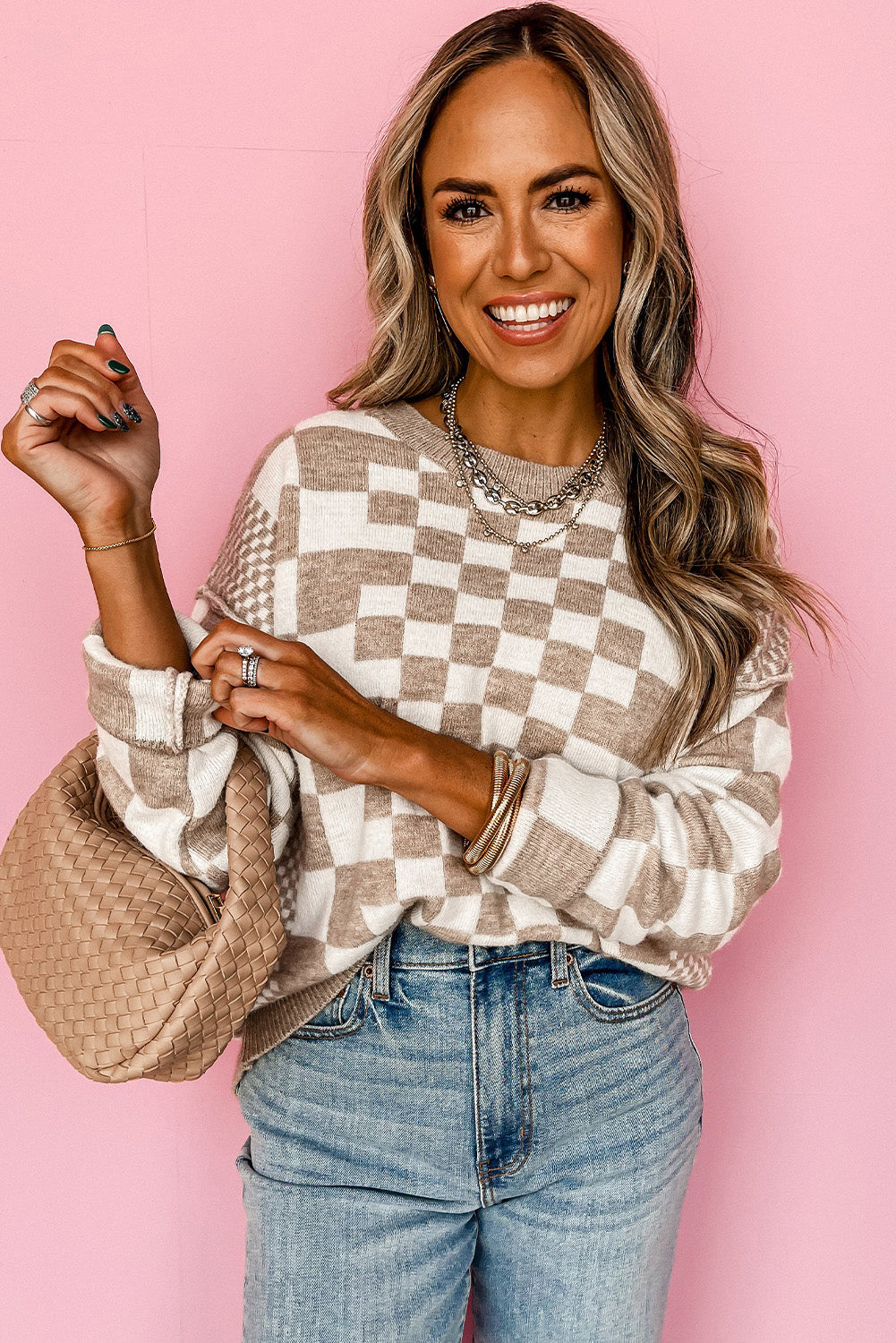 Checkered Print Drop Shoulder Sweater