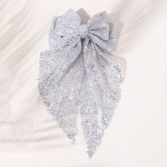 Silver Sequin Glitter Bow Ribbon Hair Clip