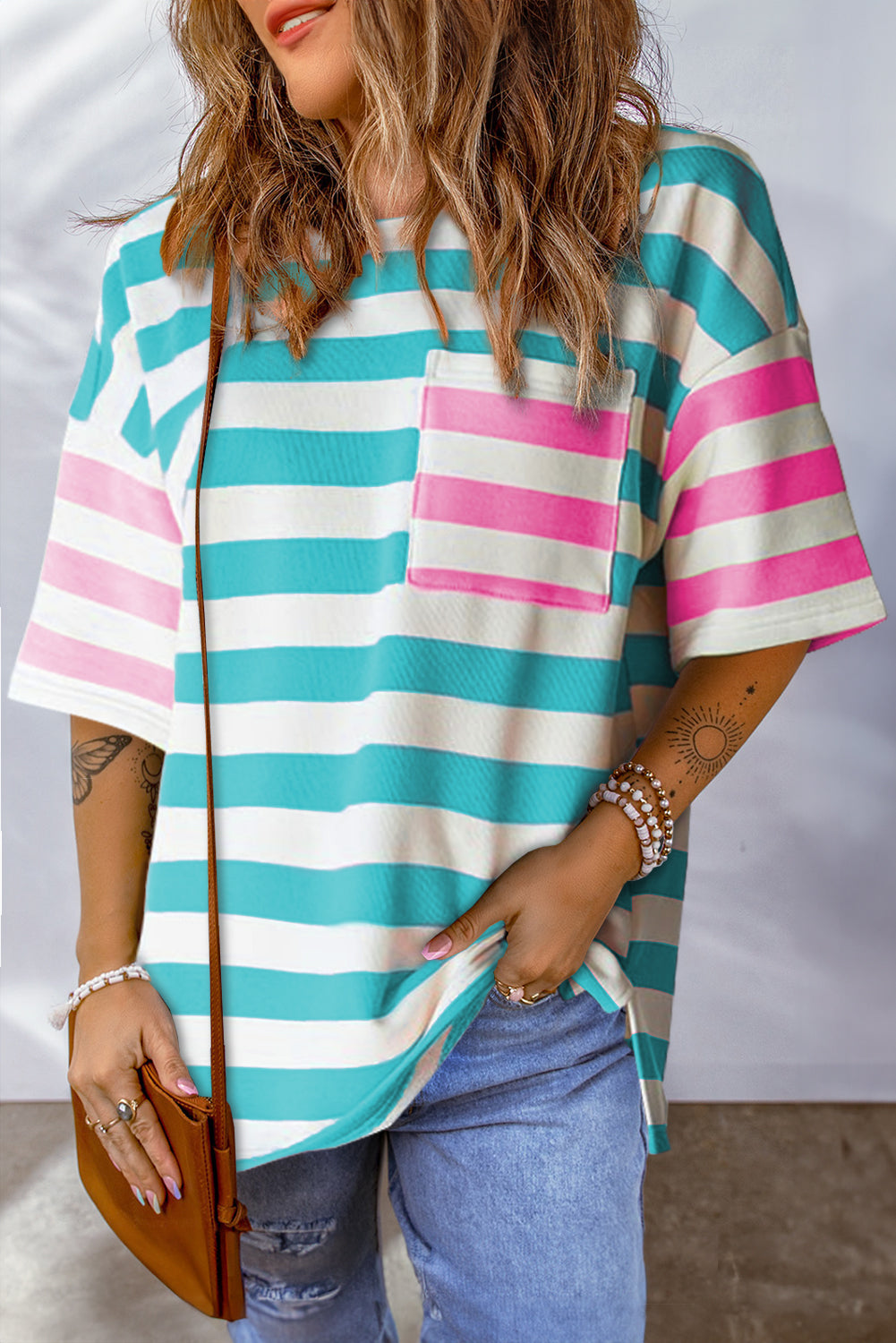 Blue Stripe Patch Pocket Oversized Top