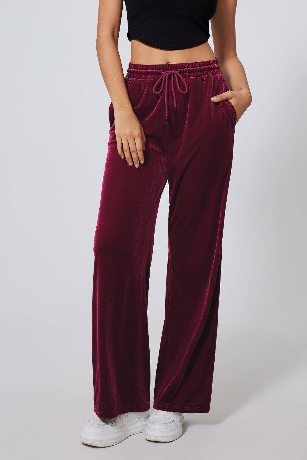 Velour Drawstring Waist Wide Leg Pants