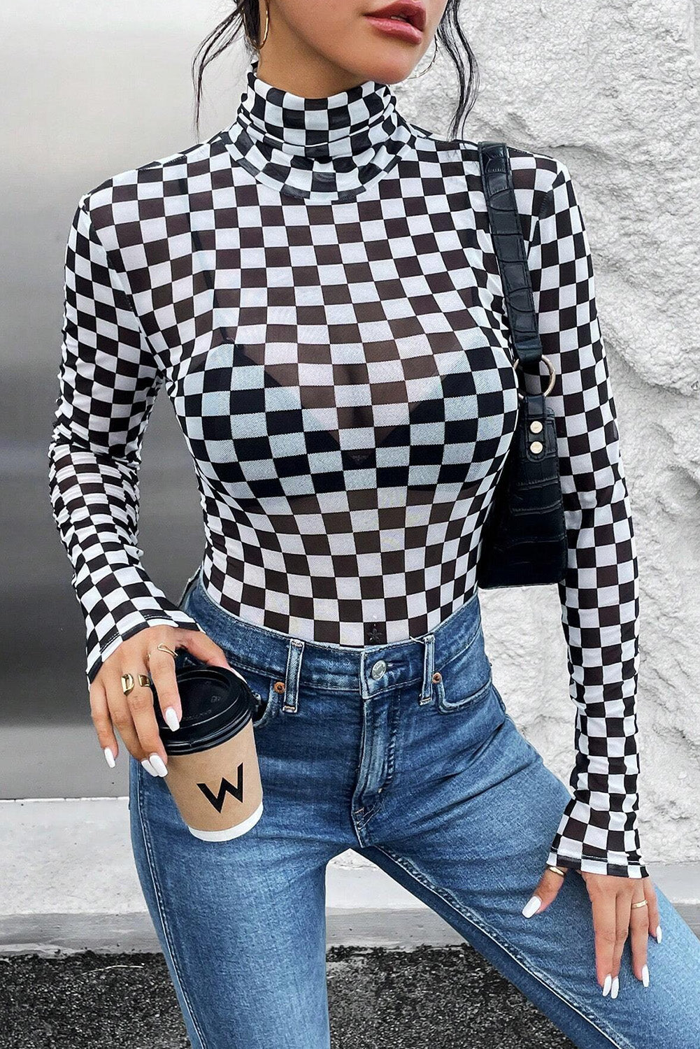 Black Checkered Long Sleeve Bodysuit