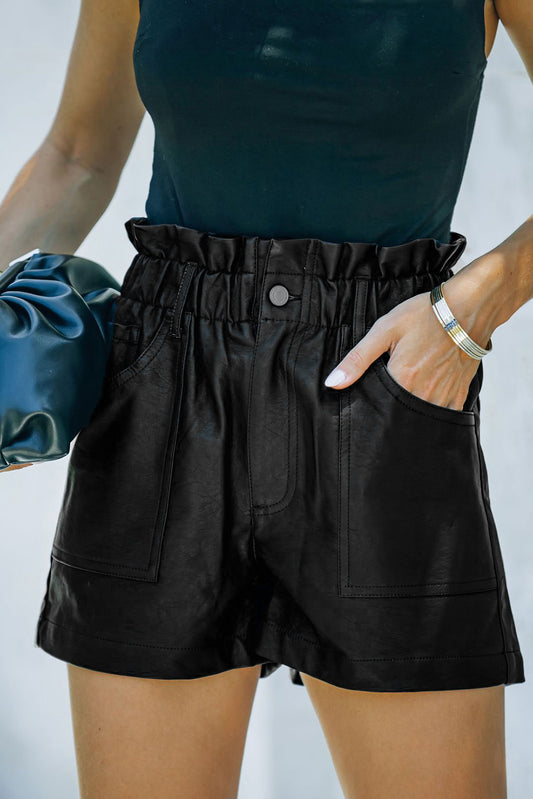 Black Leather Paper Bag Waist High Rise Shorts