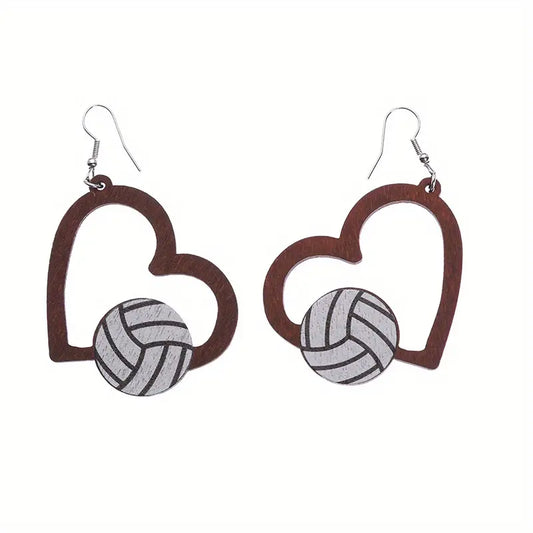 Wooden Heart Volleyball Earrings