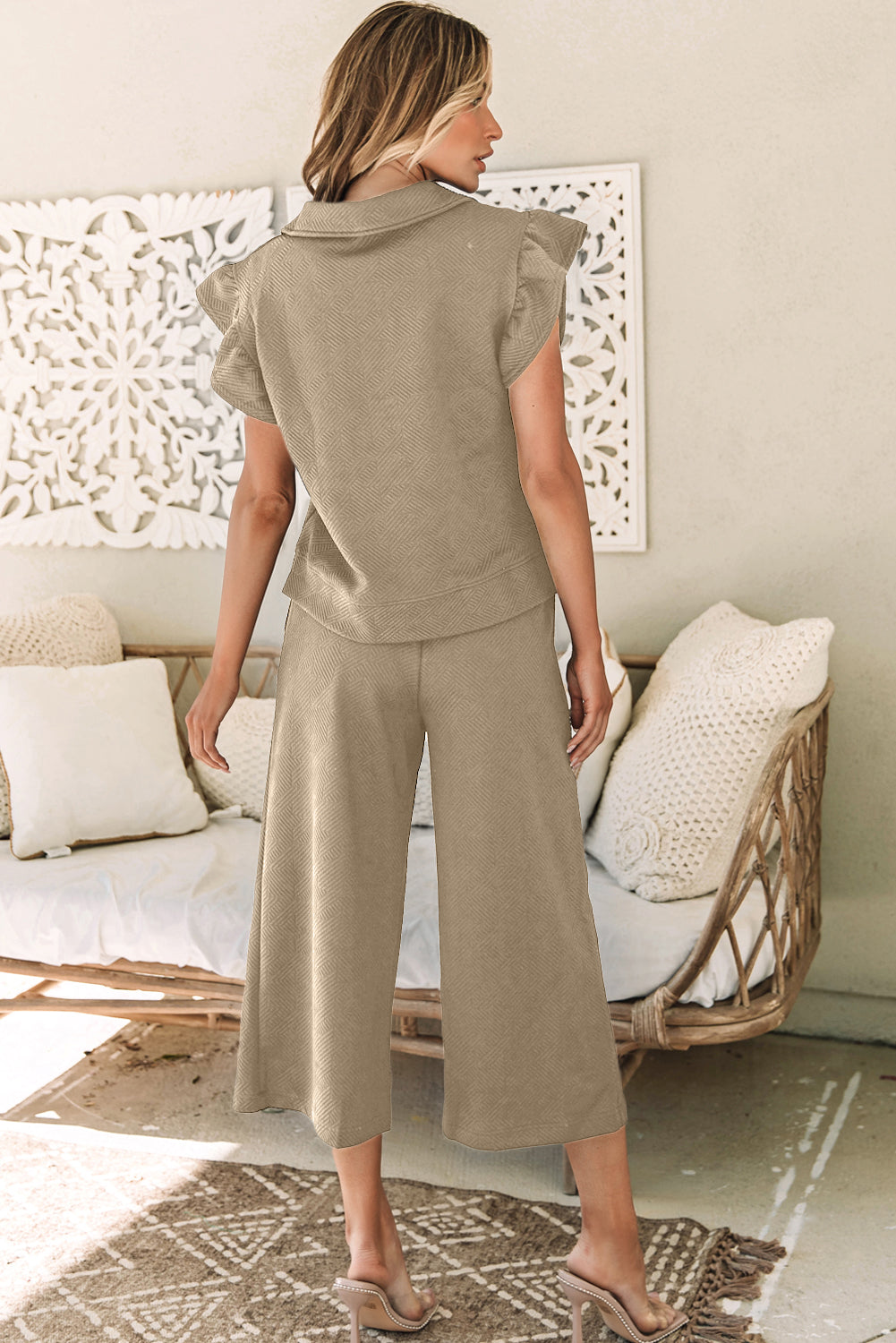 Khaki Flutter Sleeve Top with Wide Leg Pants Set