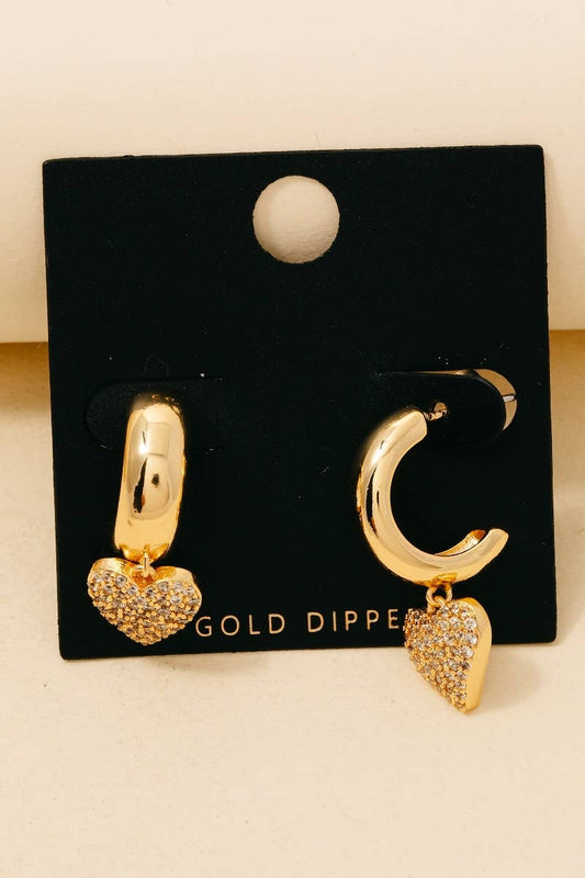 Pave Heart Charm Hoop Earrings