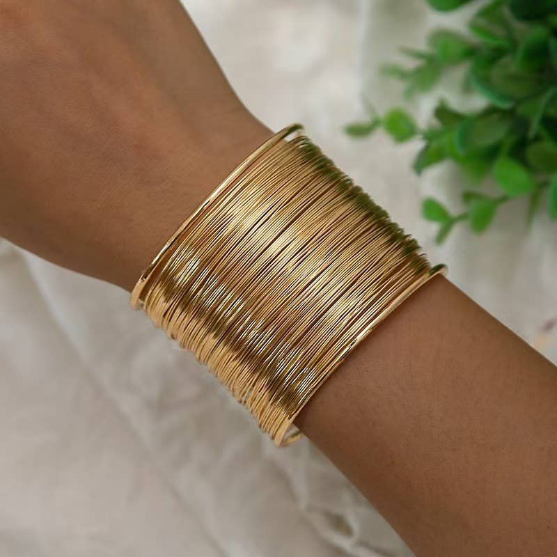 Multi Layer Gold Wire String Cuff Bangle Bracelet