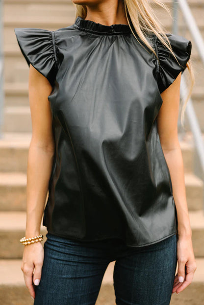 Black Leather Frilly Ruffle Trim Blouse