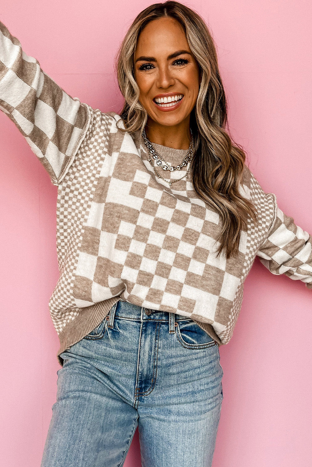 Checkered Print Drop Shoulder Sweater