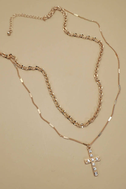 Double Layer Rhinestone Cross Necklace