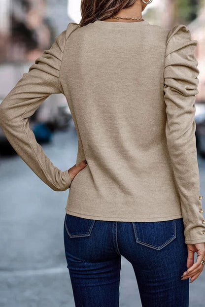 Khaki Buttoned Puff Long Sleeve Top