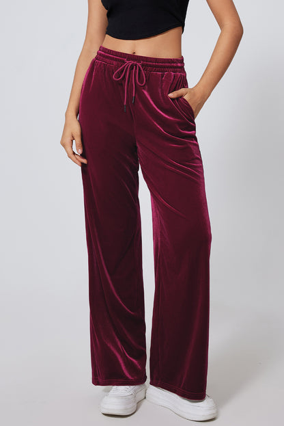 Velour Drawstring Waist Wide Leg Pants