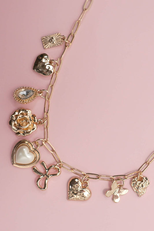 Charm Necklace-Bow Heart Rhinestone Flower