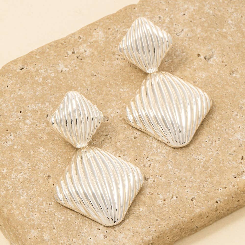 Silver Textured Geometric Drop Earrings