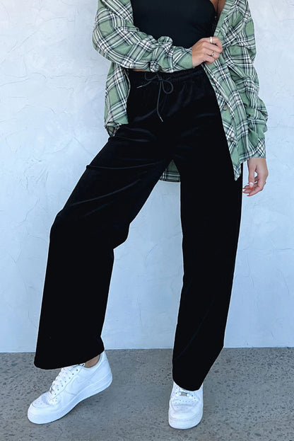 Velour Drawstring Waist Wide Leg Pants