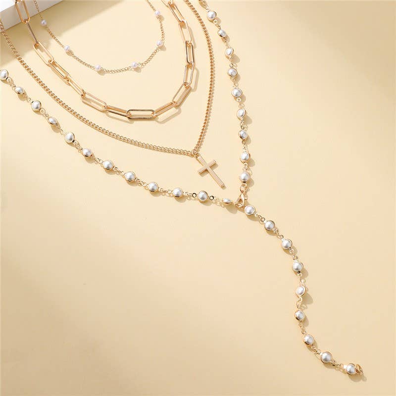 Layered Gold & Pearl Cross Statement Necklace Stack