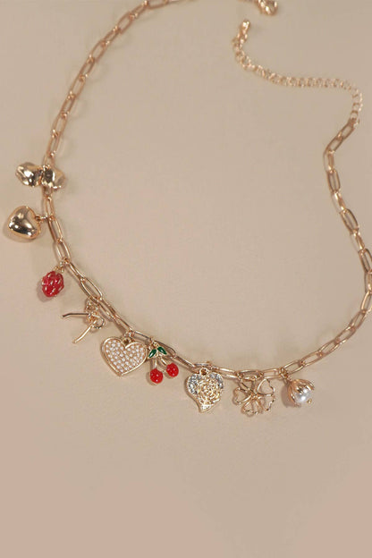 Multi Charm Bow Cherry Heart Neclace