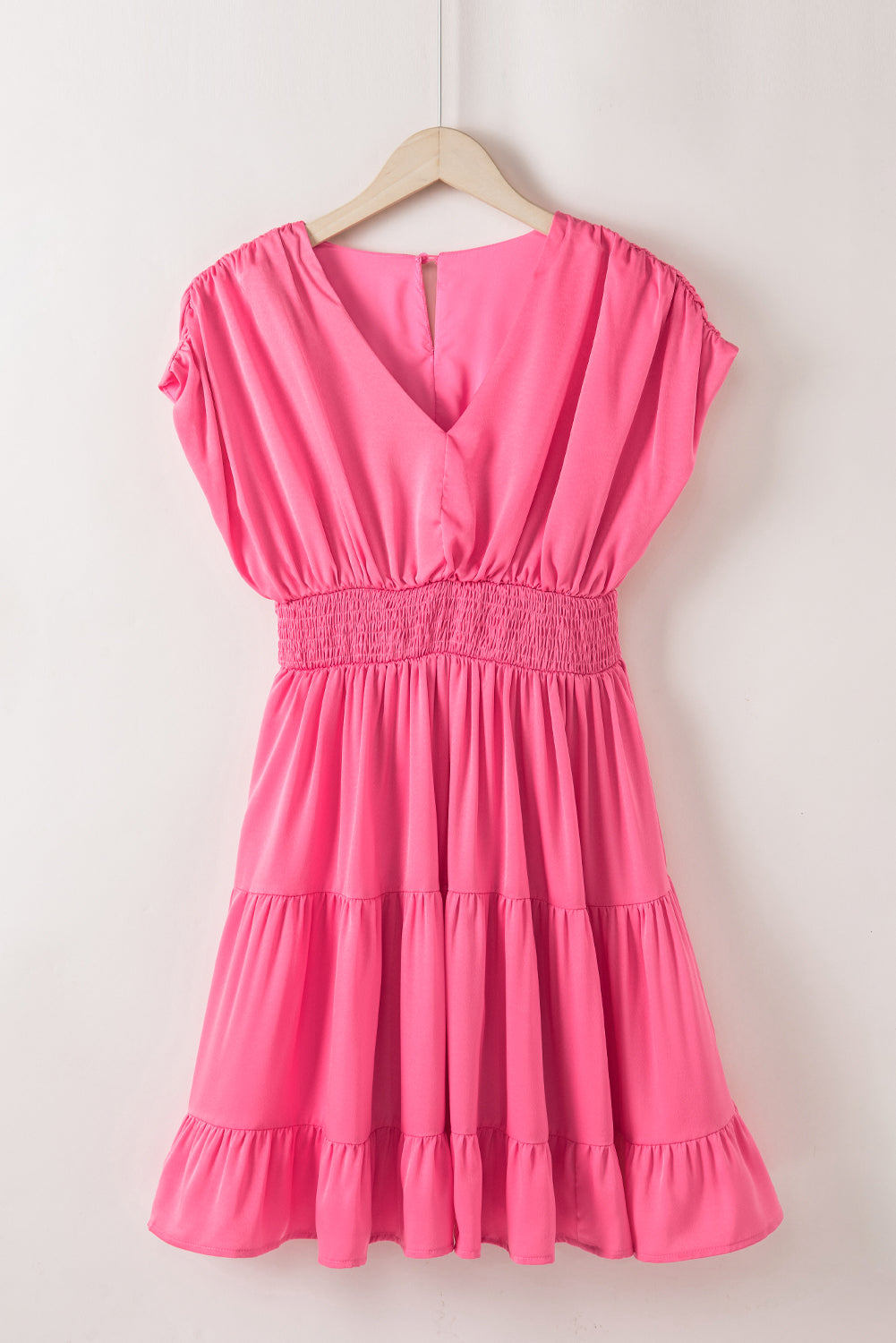 Strawberry Pink Ruched Sleeve Tiered Ruffled Dress