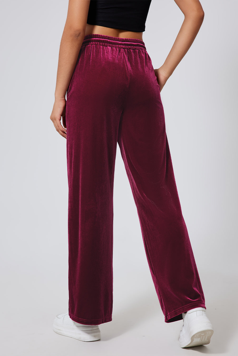 Velour Drawstring Waist Wide Leg Pants