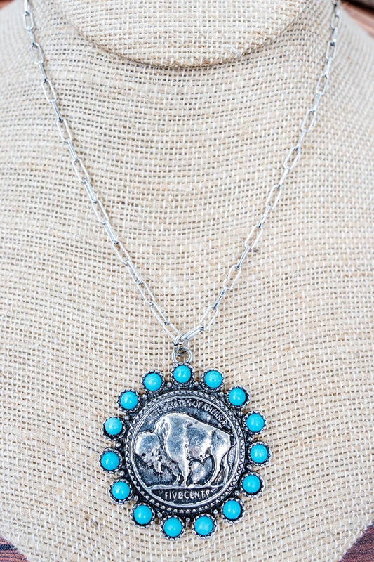 Turquoise Nickel & Dime Silvertone Necklace